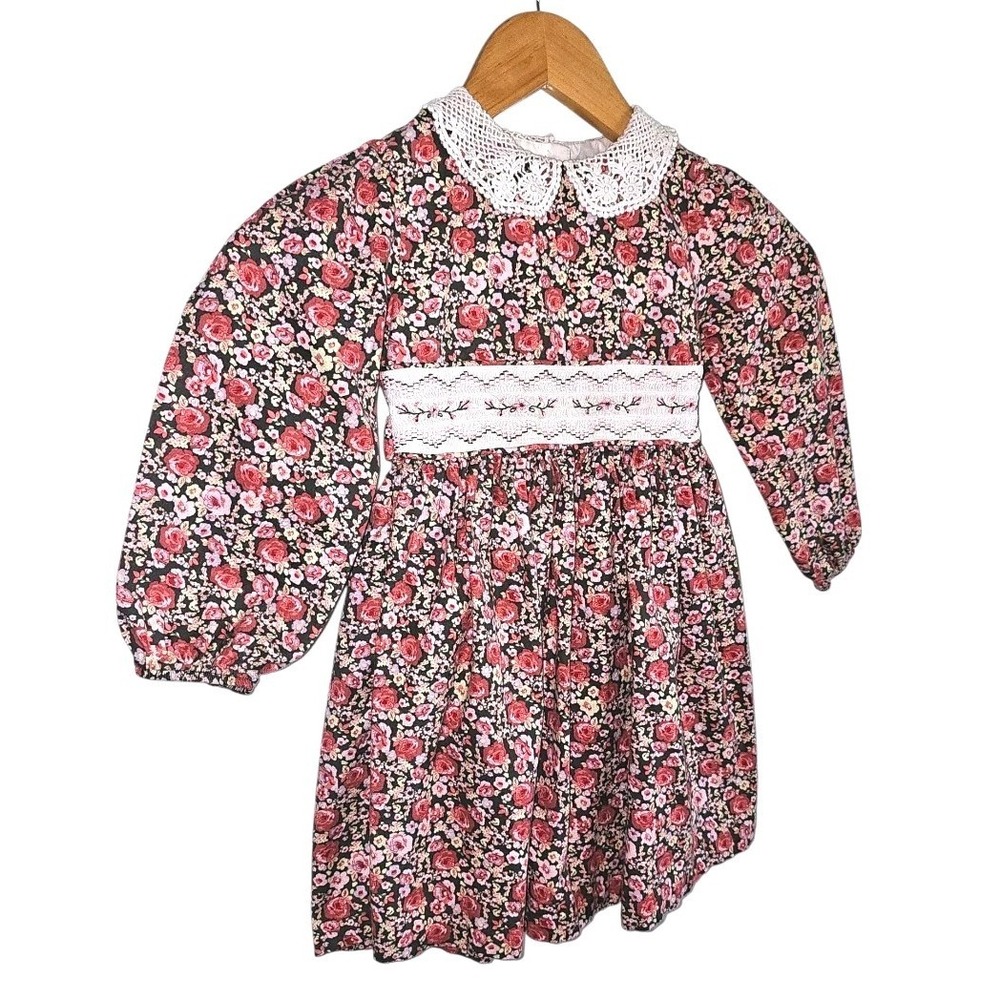 Bonnie Jean Ditzy Floral Smocked Lace Collar Long Sleeve Dress Size 5